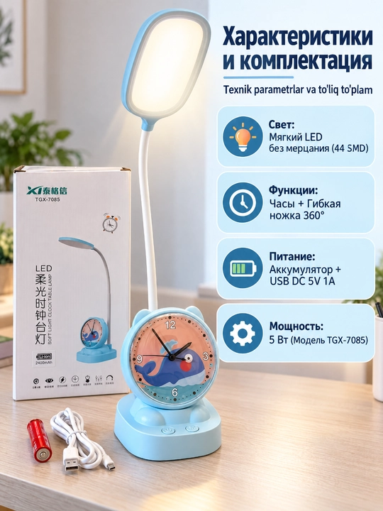 Soat va signalli LED stol chiroqi, TGX-7085, 2400 mA / soat, Micro USB, moslashuvchan