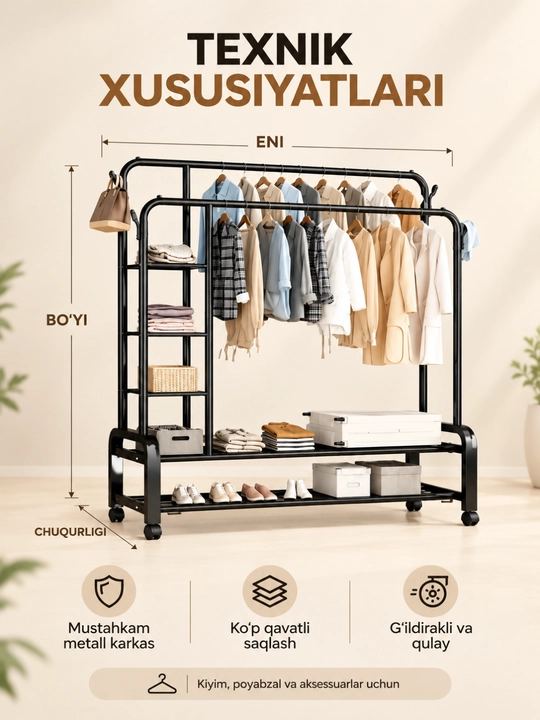 Kiyimlar uchun pol usti ilgichi g'ildirakli, metall veshalka stoyka, javonli organizer - 