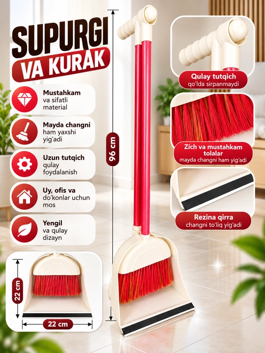 Supurgi va kurak, uy uchun cho‘tka, chang yig‘gich, uzun dastali tozalash to‘plami - 