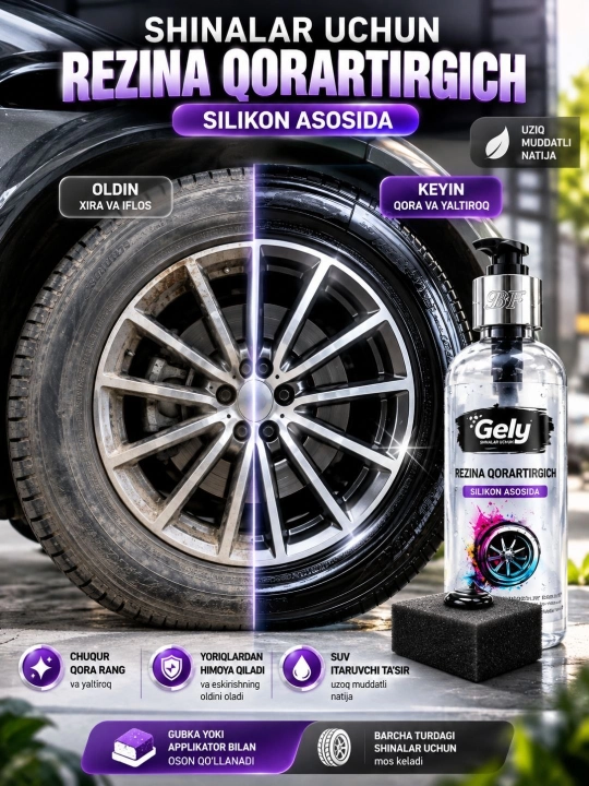 Shinalar uchun Gely Qora yaltiroq vosita, silikonli, suv qaytaruvchi, 500 ml - 
