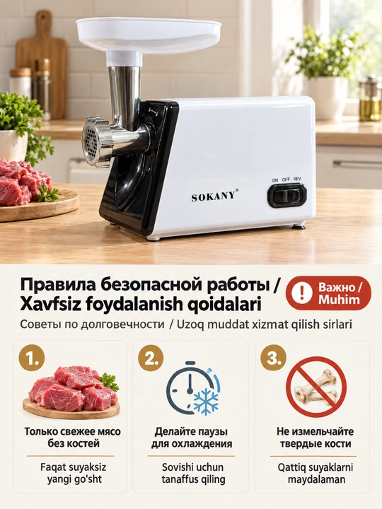 SOKANY SK-312 stol ustidagi elektr goʻsht maydalagich 2500 Vt, zanglamaydigan poʻlat