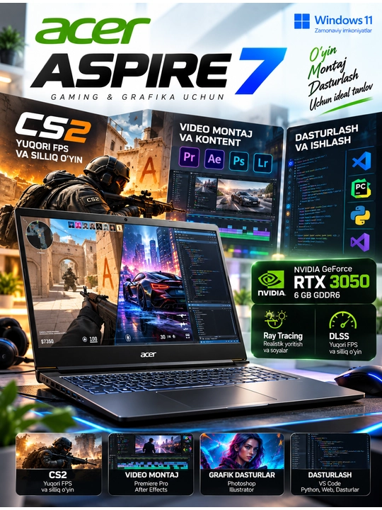Ноутбук Acer Aspire 7, Intel Core 7-240H, 16 ГБ DDR4, SSD 512 ГБ, 15,6" FHD, RTX 3050 6 ГБ