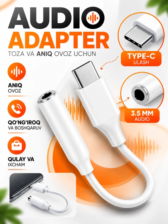 USB-C dan 3.5 mm audio adapter, quloqchin va audio qurilmalar uchun - 