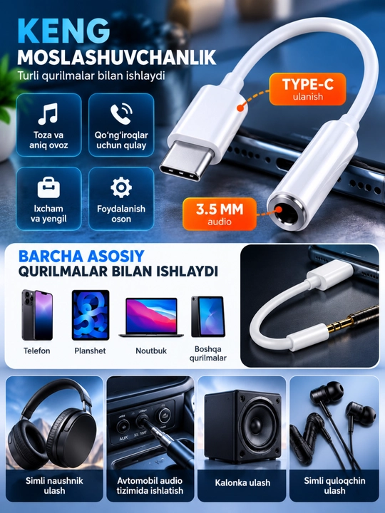 USB-C dan 3.5 mm audio adapter, quloqchin va audio qurilmalar uchun