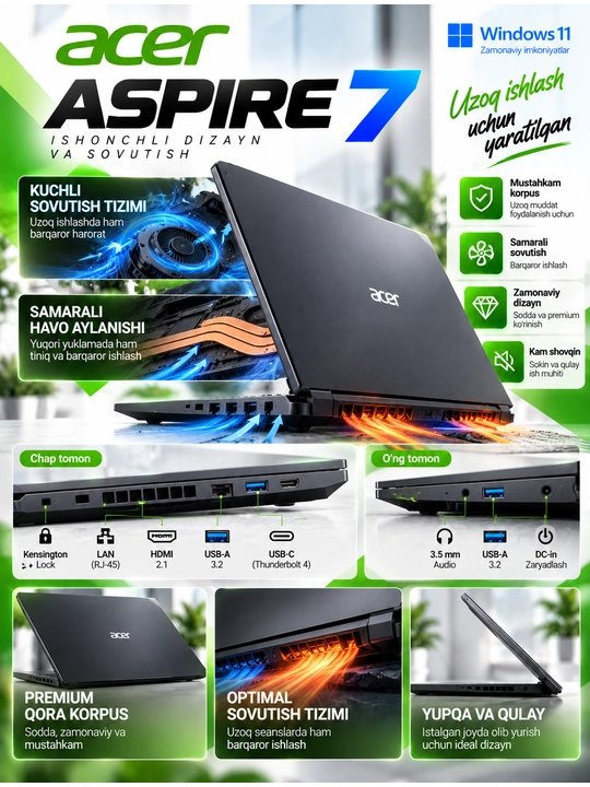 Ноутбук Acer Aspire 7, Intel Core 7-240H, 16 ГБ DDR4, SSD 512 ГБ, 15,6" FHD, RTX 3050 6 ГБ