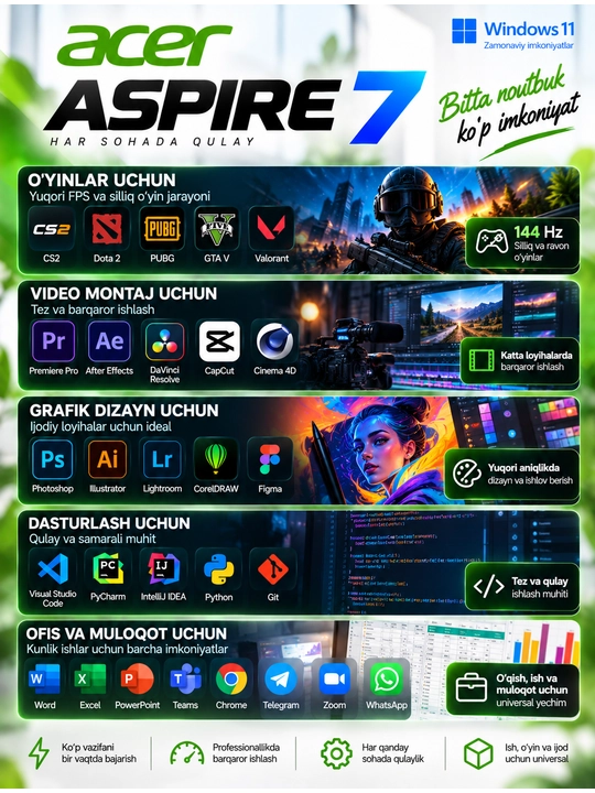 Ноутбук Acer Aspire 7, Intel Core 7-240H, 16 ГБ DDR4, SSD 512 ГБ, 15,6" FHD, RTX 3050 6 ГБ