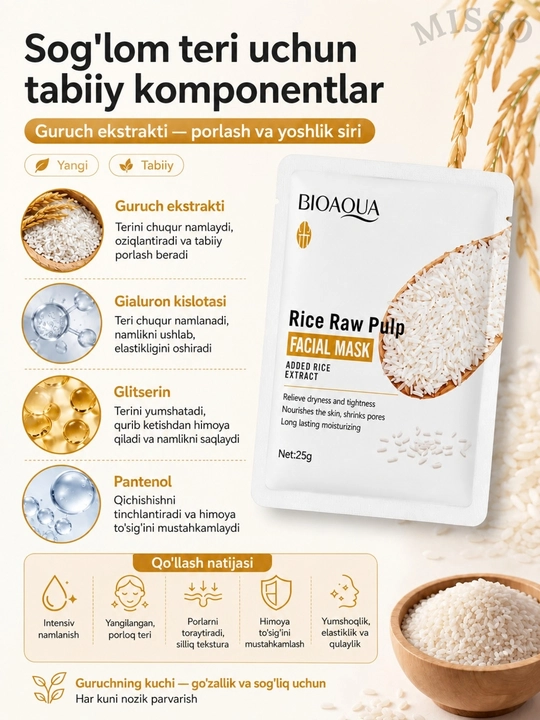 Yuz uchun mato niqoblar,Bioaqua,10 va 20 dona to‘plam,oziqlantiruvchi,namlantiruvchi,25 ml