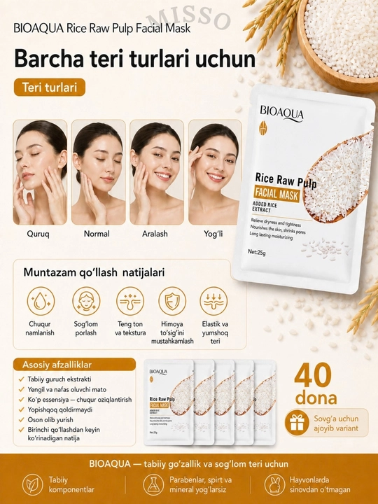 Yuz uchun mato niqoblar,Bioaqua,10 va 20 dona to‘plam,oziqlantiruvchi,namlantiruvchi,25 ml