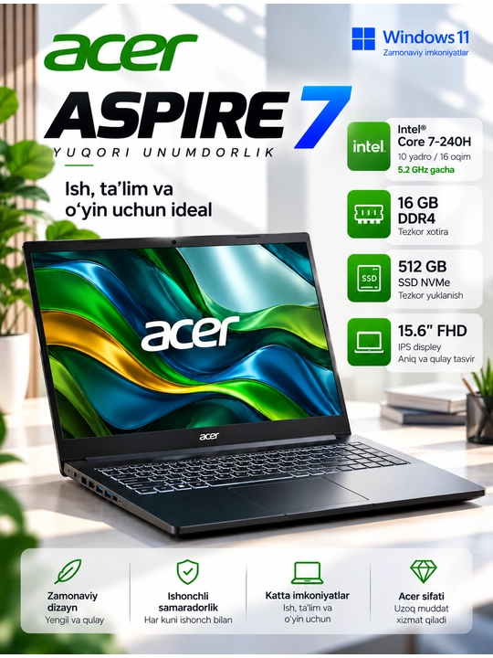 Ноутбук Acer Aspire 7, Intel Core 7-240H, 16 ГБ DDR4, SSD 512 ГБ, 15,6" FHD, RTX 3050 6 ГБ - 