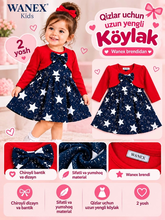 Qizlar uchun uzun yengli ko‘ylak — Wanex Kids Turkiya - 