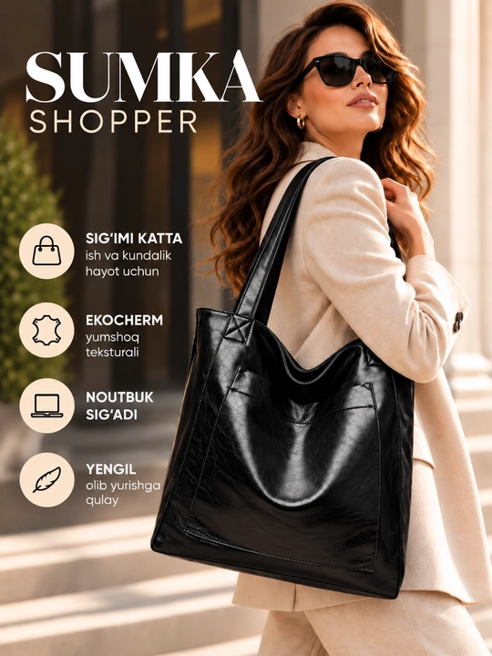Ekologik charmdan, keng sig‘imli, yelkaga osiladigan, kundalik ish uchun ayollar shopper sumkasi - 