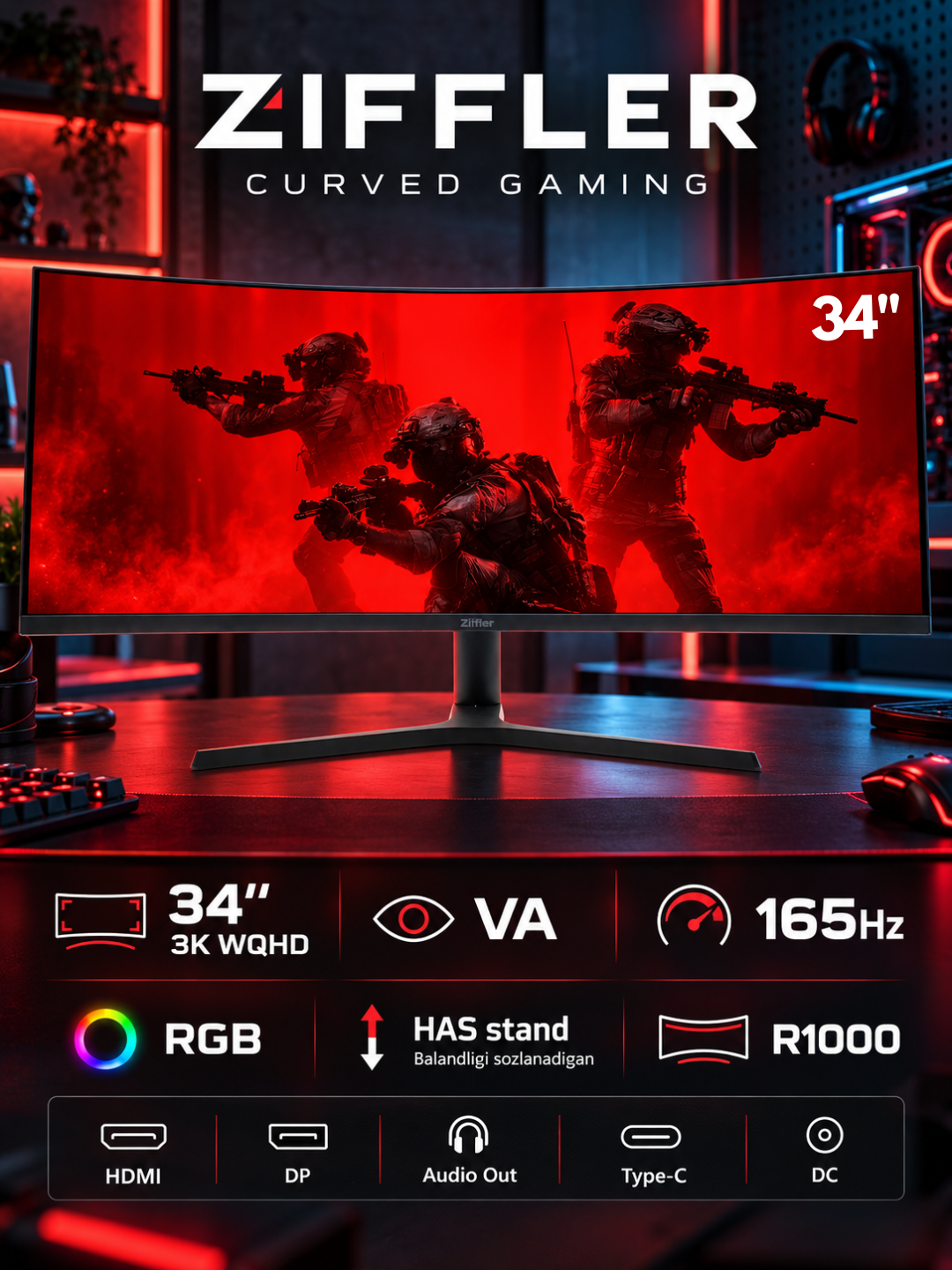 Игровой монитор ZIFFLER Curved 34GM1000-34" 3K WQHD,панель VA с подставкой RGB,165Гц,R1000 - 