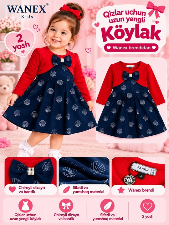 Qizlar uchun uzun yengli ko‘ylak — Wanex Kids Turkiya - 