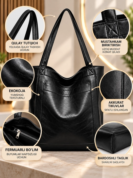 Ekologik charmdan, keng sig‘imli, yelkaga osiladigan, kundalik ish uchun ayollar shopper sumkasi