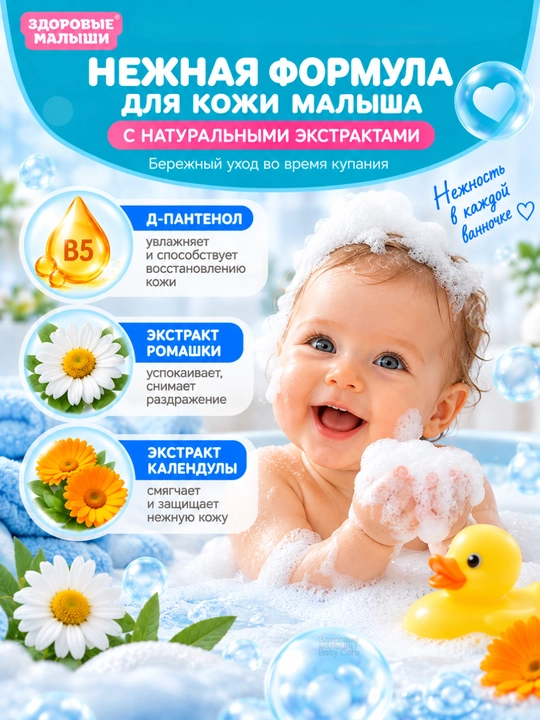 Детский гель для душа и пена для купания малышей без слёз Здоровые малыши 0+, 250 мл
