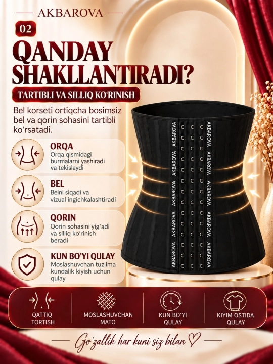 Ozdiruvchi tortuvchi bel korseti, bel va orqa uchun, mashg‘ulotga, Akbarova Xonzoda
