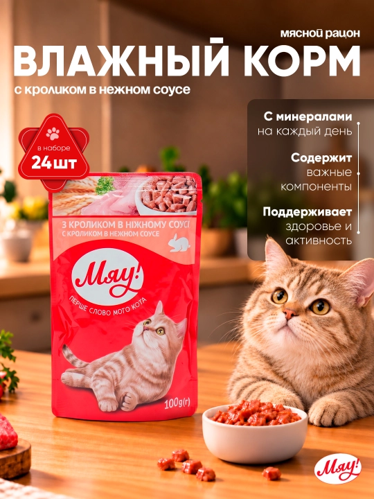 Мяу влажный корм для кошек, пауч с индейкой в нежном соусе, 85 г 24 шт - 