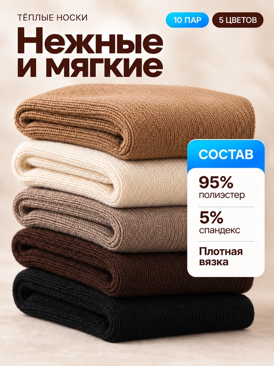 Женские тёплые носки 10 пар, высокие, мягкие, 5 цветов, единый размер