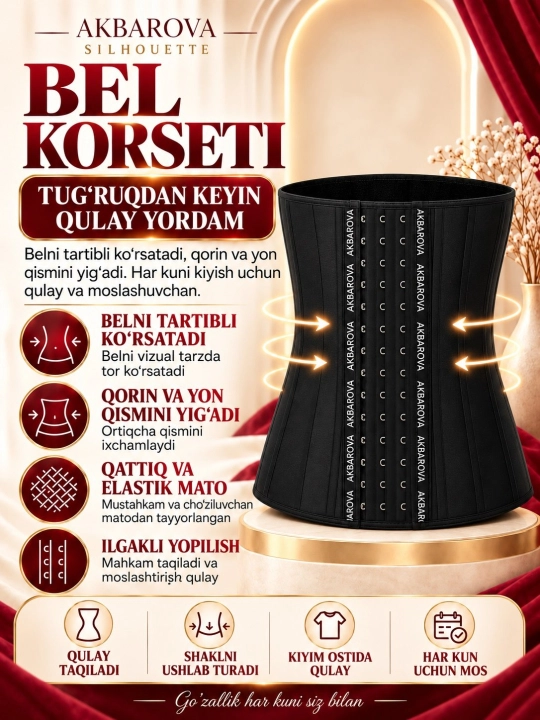 Ozdiruvchi tortuvchi bel korseti, bel va orqa uchun, mashg‘ulotga, Akbarova Xonzoda - 