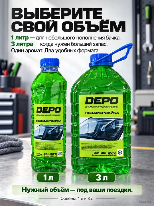 Незамерзайка для стеклоомывателя автомобиля −20 °C, 1 и 3 л, яблоко, морская, лесные ягоды