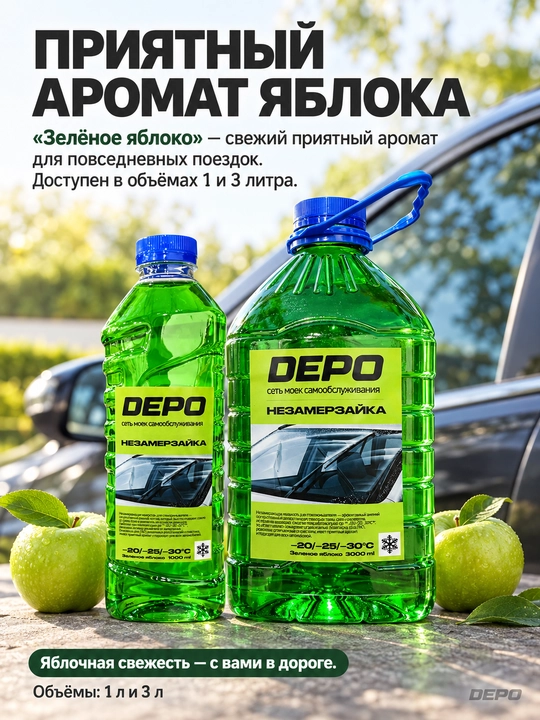 Незамерзайка для стеклоомывателя автомобиля −20 °C, 1 и 3 л, яблоко, морская, лесные ягоды