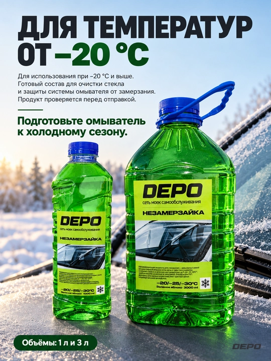 Незамерзайка для стеклоомывателя автомобиля −20 °C, 1 и 3 л, яблоко, морская, лесные ягоды