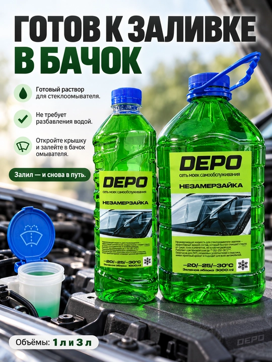 Незамерзайка для стеклоомывателя автомобиля −20 °C, 1 и 3 л, яблоко, морская, лесные ягоды