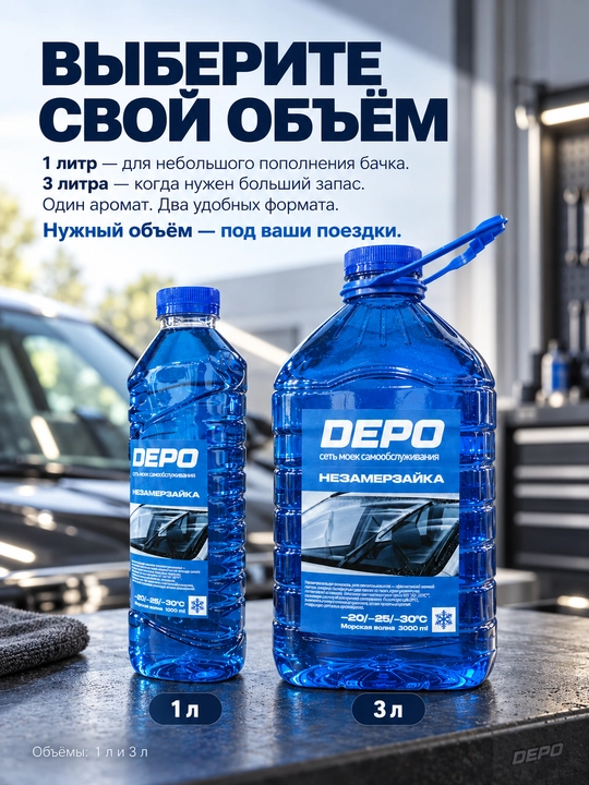 Незамерзайка для стеклоомывателя автомобиля −20 °C, 1 и 3 л, яблоко, морская, лесные ягоды