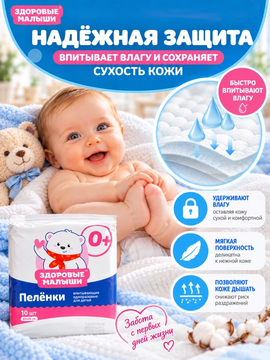Zdorovye Malyshi bir martalik shimuvchi bolalar tagligi 0+, 60×45 sm, 10 dona