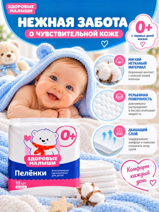 Zdorovye Malyshi bir martalik shimuvchi bolalar tagligi 0+, 60×45 sm, 10 dona