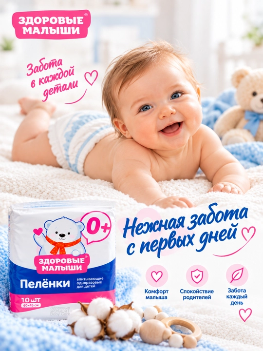 Zdorovye Malyshi bir martalik shimuvchi bolalar tagligi 0+, 60×45 sm, 10 dona