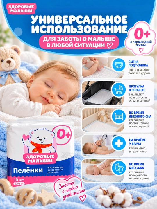 Zdorovye Malyshi bir martalik shimuvchi bolalar tagligi 0+, 60×45 sm, 10 dona
