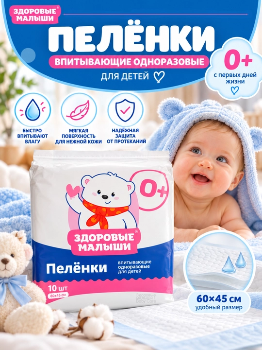 Пеленки одноразовые Здоровые малыши 0+ впитывающие для детей, 60×45 см, 10 шт - 