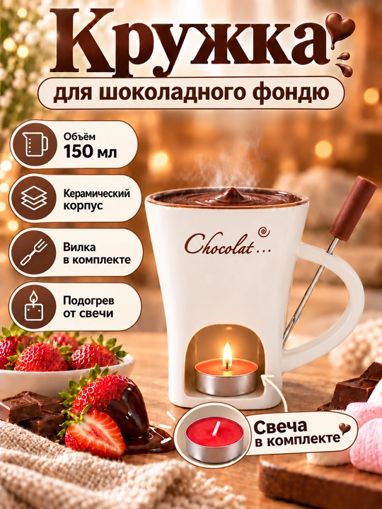 Shokolad fondyu uchun krujka 150 ml, keramik fondyushnitsa vilka bilan - 
