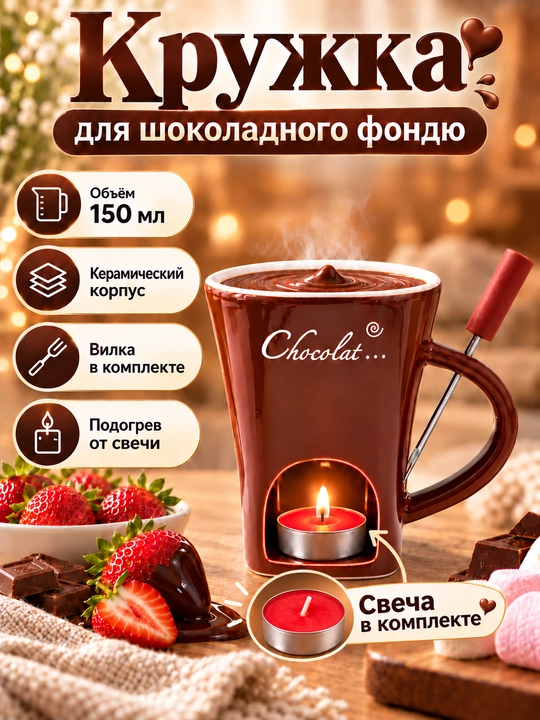 Shokolad fondyu uchun krujka 150 ml, keramik fondyushnitsa vilka bilan - 