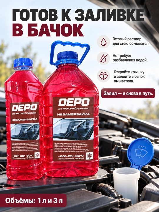 Незамерзайка для стеклоомывателя автомобиля −20 °C, 1 и 3 л, яблоко, морская, лесные ягоды
