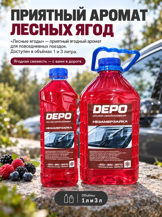 Незамерзайка для стеклоомывателя автомобиля −20 °C, 1 и 3 л, яблоко, морская, лесные ягоды