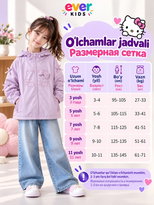Qizlar uchun Hello Kitty kurtka vetrovka, 3–11 yosh