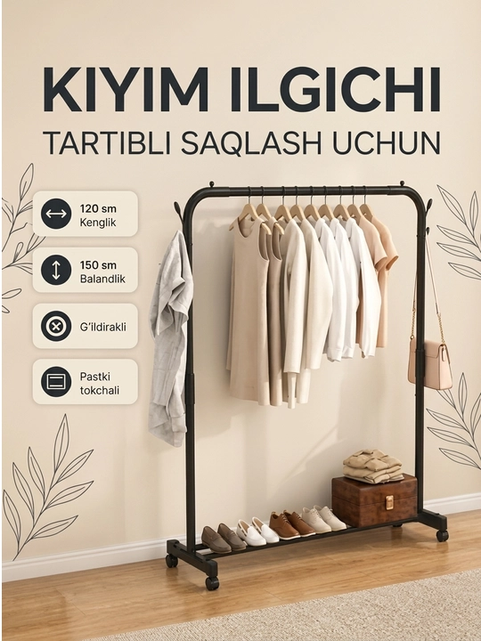 Metall garderob, polga osiladigan kiyim ilgich, poyabzal tagligi bilan, g‘ildirakli