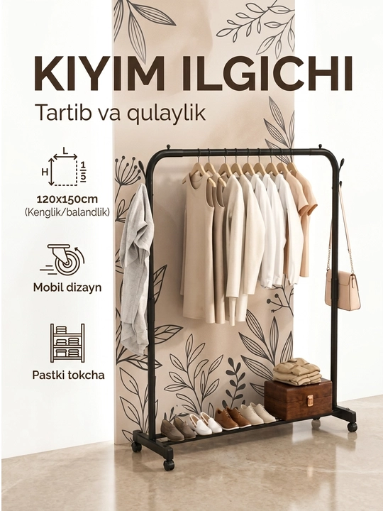 Metall garderob, polga osiladigan kiyim ilgich, poyabzal tagligi bilan, g‘ildirakli
