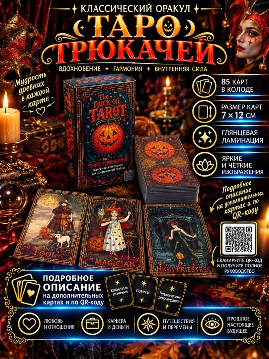 Таро Трюкачей на Хэллоуин 85 карт, большие 7х12 см, глянцевая ламинация - 