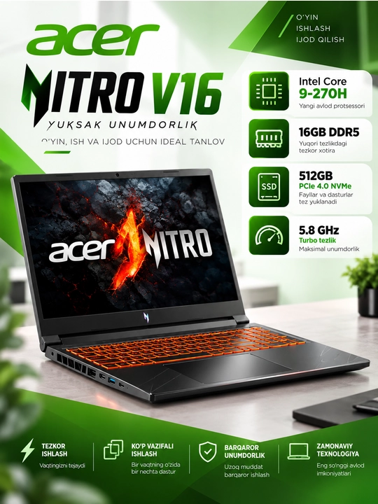 Ноутбук Acer Nitro V16, Core 9-270H, 16 ГБ DDR5, SSD 512 ГБ, 16" WUXGA, RTX 5070 8 ГБ, - 