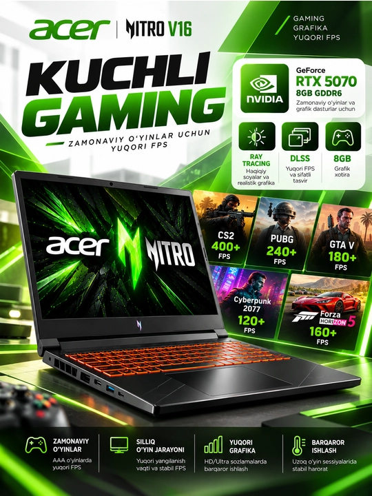 Ноутбук Acer Nitro V16, Core 9-270H, 16 ГБ DDR5, SSD 512 ГБ, 16" WUXGA, RTX 5070 8 ГБ,