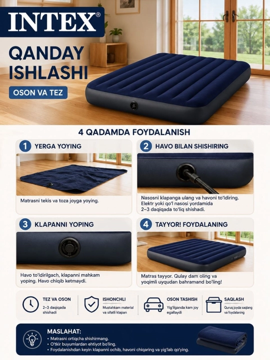 Uy, dam olish va sayohatlar uchun universal shishiriladigan matras, o‘lchami 203×183×25