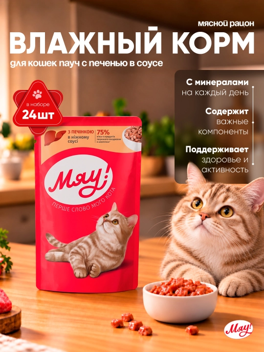 Мяу влажный корм для кошек, пауч с печенью в соусе, 85 г 24 шт - 