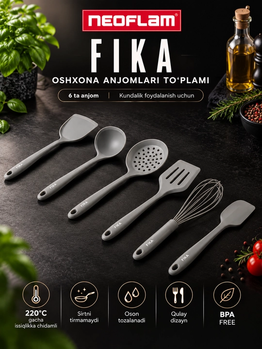 Neoflam Fika oshxona anjomlari to‘plami 6 dona, silikon kapkirlar, cho‘mich, zararsiz - 