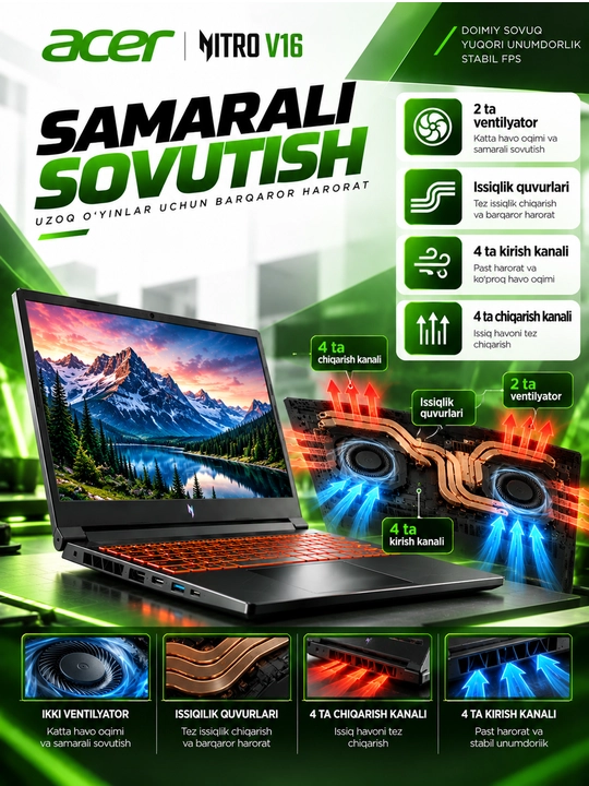 Ноутбук Acer Nitro V16, Core 9-270H, 16 ГБ DDR5, SSD 512 ГБ, 16" WUXGA, RTX 5070 8 ГБ,