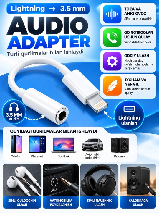Lightning dan 3.5 mm audio adapter, quloqchin va audio qurilmalar uchun