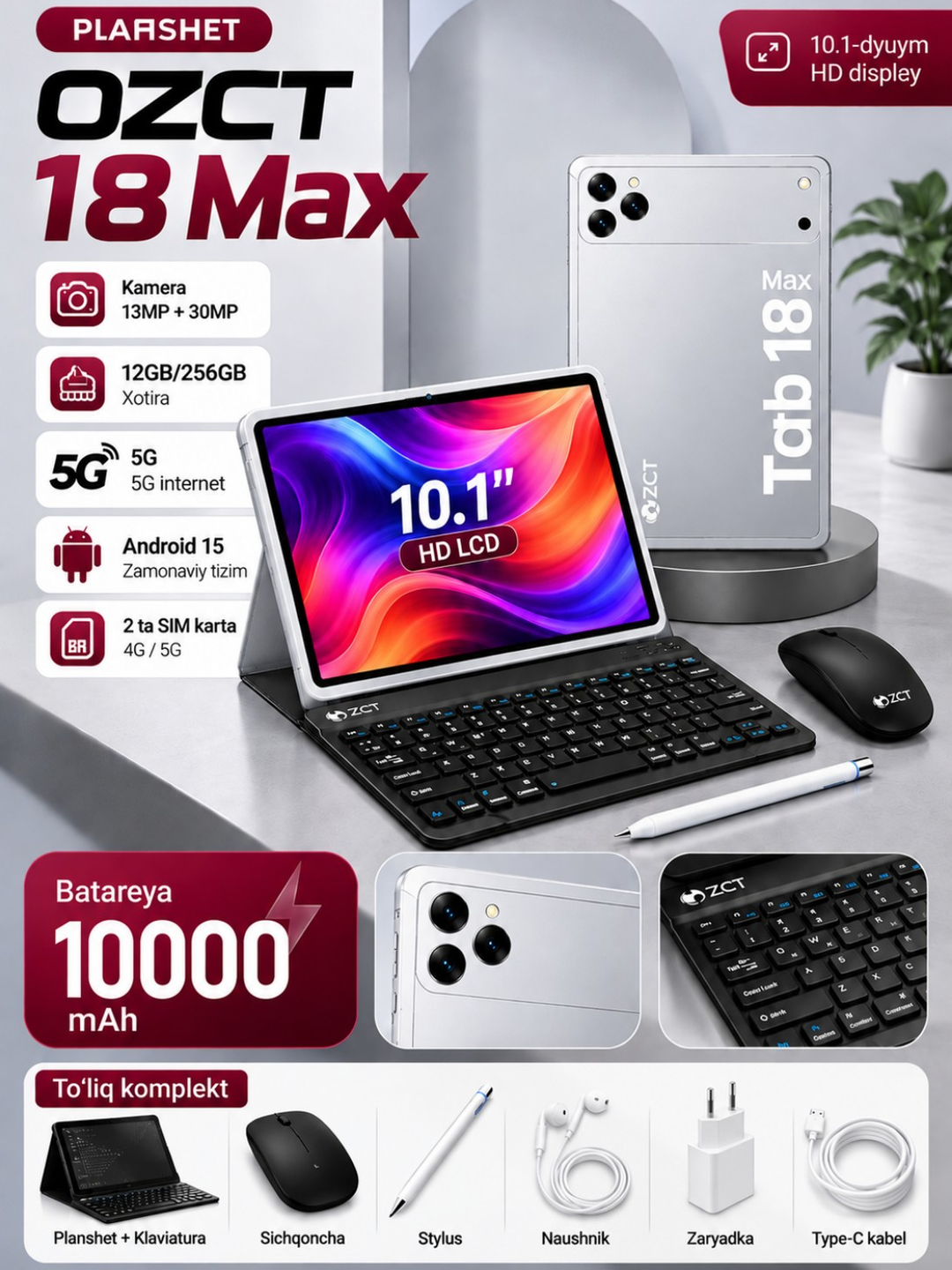 OZCT Tab 18 Max planshet 10.1", 12/256 GB, 5G, Android 15, 10000 mAh