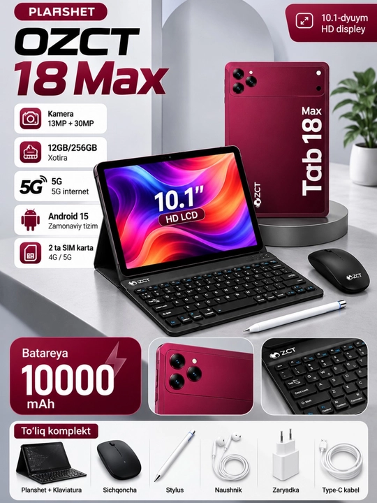 Планшет OZCT Tab 18 Max 10,1 дюйма, 12/256 ГБ, 5G, Android 15, аккумулятор 10000 мАч